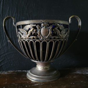 Vintage Pierced Pedestal Sugar Bowl /Blue Glass Liner, Dragons and Crest